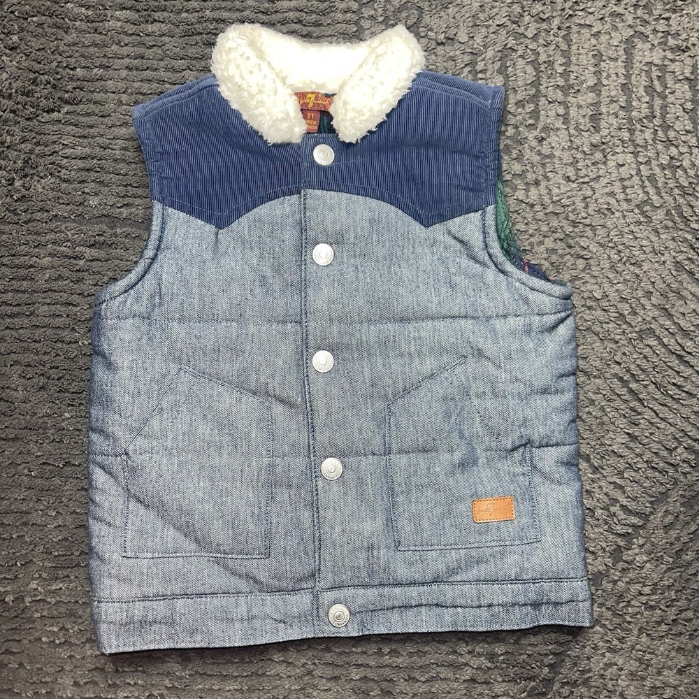 7 For All Mankind Toddler Denim Puffer Vest 2T Sherpa Collar Plaid‎ Lined Kids